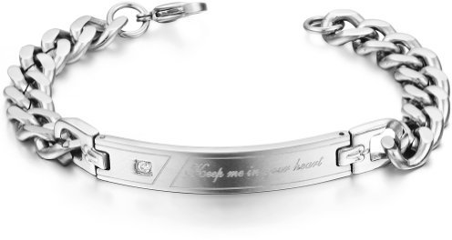 JewelryWe Armband Herren Edelstahl Panzerkette: Panzerarmband mit Gravur Keep Me in Your Heart Partnerarmband Armkette Armreif Geschenk für Männer Silber
