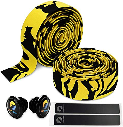 TOPCABIN 2 Rolls Bicycle Handlebar Tapes Camouflage Series Comfort GEL Road Bike Handlebar Tape Bike Bar Tape with Reflective Bar Plugs ((a pair) Yellow)