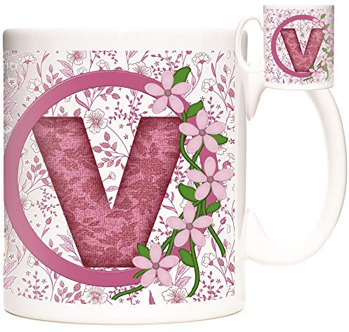 Letter V Gift Mug, Monogram V Mug, Alphabet Letter V Mug, Birthday or Celebration Gift for People Who's Name Begins with V. Pink Flower Design 11oz Ceramic Mug