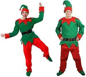 I LOVE FANCY DRESS LTD Weihnachts ELF KOSTÜM WICHTEL VERKLEIDUNG= ROT GRÜNES KOSTÜM=MÜTZE MIT Ohren=Schuhe MIT GRÜNEN Pompoms=Hose MIT Gummizug=GRÜNES Oberteil=SCHWARZEN Plastik GÜRTEL-XXLarge