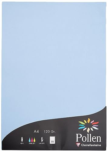 Clairefontaine 44238C - Astuccio da 50 fogli - Formato A4 (21x29,7cm) - 120g/m² - Colore blu lavanda - Inviti Eventi e corrispondenza - Gamma Pollen - Carta Premium Liscia