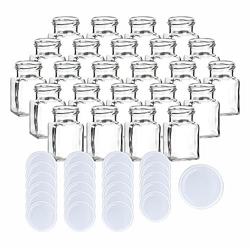 gouveo 24er Set Einmachgläser 150 ml eckig mit Schraubverschluss weiss - Kleine Vorratsgläser mit Deckel - Leere Gewürzgläser, Marmeladengläser, Einkochgläser (EGE150W)