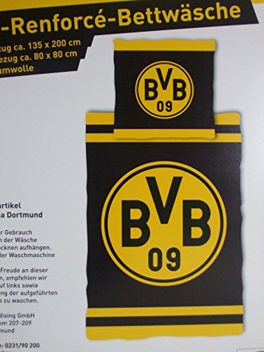Borussia Dortmund BVB 09 Bettwäsche, 1 x Kissenbezug 80 x 80 cm und 1 x Bettbezug 135 x 200 cm, 100% Baumwolle mit Reißverschluss