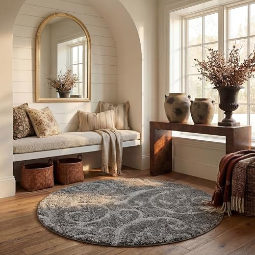 SAFAVIEH Florida Shag Collection Area Rug - 6'7 Round, Grey, Scroll Design, Non-Shedding & Easy to Clean, High-Low Plush Pile, Ideal for Living Room, Bedroom, Dining Space (SG455-8013)