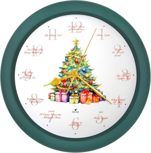 JUSTIME Orologio da parete per la casa da 35,5 cm, orologio da parete con albero di Natale, orologio decorativo per la casa (TCXM-TRE-GN)