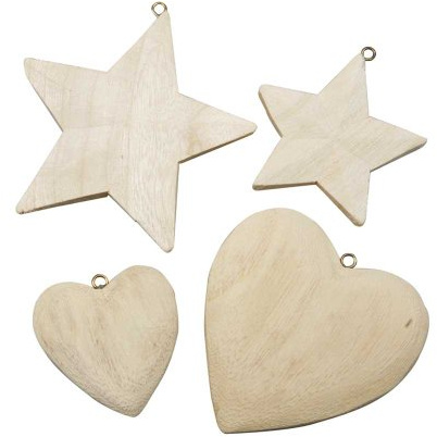 Creativ 100263 Wooden Hearts and Stars 3D Shapes 4 Assorted, brown