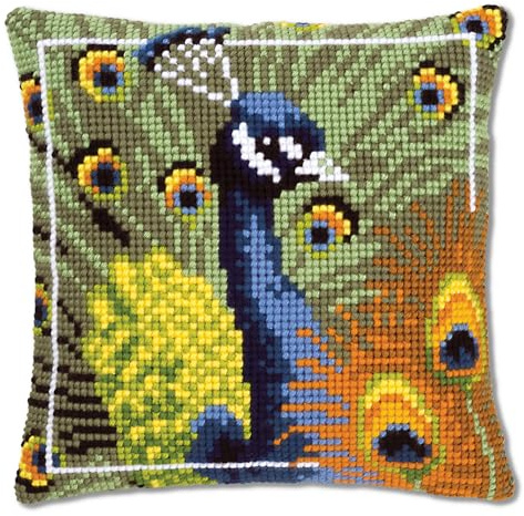 VERVACO Kreuzstich Stickpackungen Kissen Stickerei Set Anfänger Vorgedruckt Der stolze Pfau DIY Set Kreativ Set Für Erwachsene Dekoratives Kissen ca. 40 x 40 cm Bastelset Handwerker Haus Dekoration