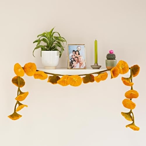 Paper High Handcrafted Felt Flower Garland | 160cm Long with 20 Flowers | Hand Felted Hanging Decoration | Garden Garlands and Bunting Alternative | Mantelpiece Display (Mustard)