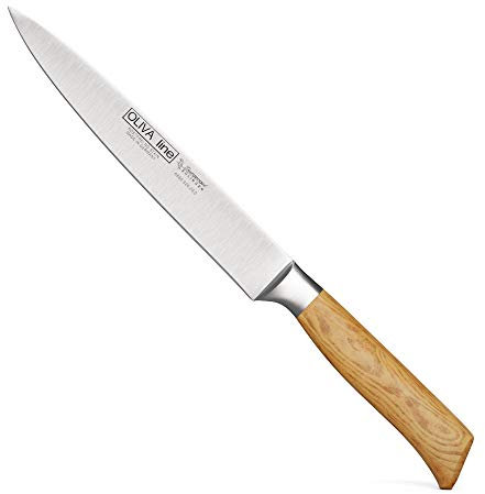 Burgvogel Solingen Tranchiermesser geschmiedet Olivenholz Oliva Line rostfrei deutsches Aufschnittmesser hell scharf Schinkenmesser Olivia Line (8 Zoll = 20 Cm) braun beige 20 cm tranchiermesser