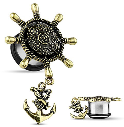 Flesh Tunnel Plug Edelstahl Ohr Piercing Fake Anker Anchor Steuerrad Ohrstecker silber 16 mm