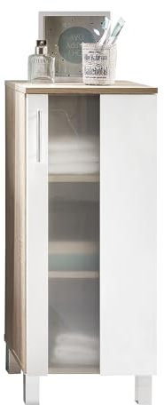 trendteam smart living - Porto - Kommode - Weiß/Eiche - Badezimmerschrank mit satinierter Glastür - (BxHxT) 33 x 80 x 31 cm - chromfarbener Griff - 2 verstellbare Einlegeböden