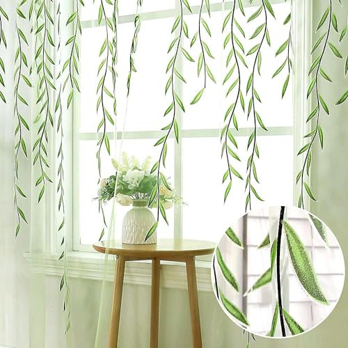 BROSHAN Tenda per finestra trasparente verde – 2 pannelli con foglie stampate con design con tasca per camera da letto dei bambini, soggiorno, cameretta dei bambini – grazioso motivo a vite