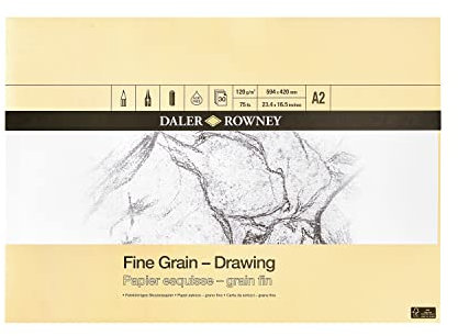 Daler-Rowney Bloc de papier à dessin à grain fin légèrement texturé 120 g/m² A2, collé sur un côté, sans acide, 30 feuilles blanches, idéal pour les artistes professionnels, blanc