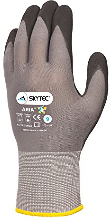 Skytec 1 Pack Aria Foam Grey Safety Work Gloves – Lightweight Nylon Gloves with Nitrile Coating and Secure Grip For Heavy-duty Work (Small)