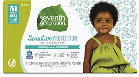 Seventh Generation Baby Wipes, Free & Clear Unscented and Sensitive, Gentle as Water, with Flip Top Dispenser, 768 Count (Packaging May Vary)