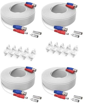 SANNCE 30m/90ft Câble de Video DC Power HD/AHD/TVI Préfabriqué Tout-en-Un BNC Vidéo 4pcs pour CCTV Caméra DVR Système de Sécurité Surveillance Enregistreur Blanc