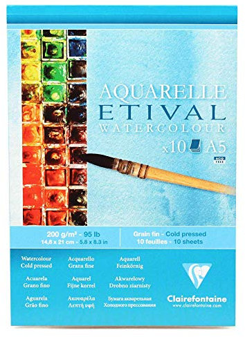 Clairefontaine 96301C Etival Matt Aquarellpapier Block (kopfseitig geleimt, 10 Blatt, DIN A5, 14,8 x 21 cm, feinkörnig, 100% Zellulose, 200 g) weiß