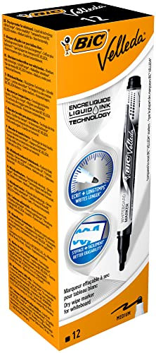 BiC Velleda Whiteboard-Marker, Liquid-Ink, trocken abwischbar, Schwarz, 12 Stück