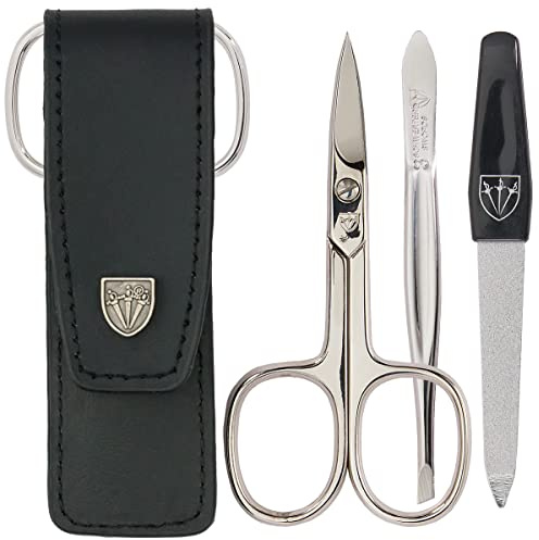 3 Swords Germany - brand quality 3 piece manicure pedicure grooming kit set for professional finger & toe nail care scissors file genuine leather case in gift box, Made by 3 Swords (000378)