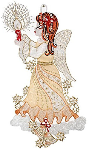Plauener Spitze Fensterbild 20x35 cm Weihnachten Stickerei Engel mit Kerze Spitzenbild Advent (Engel beige Gold)