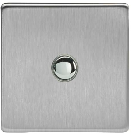 Varilight Single Impulse Light Switch 2-Way - Screwless Brushed Steel With Chrome Button, XDSP1S