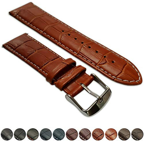 Herren-Uhrenarmband, 20 mm, extra lang, Echtleder, Kroko-Optik, gepolstert, mit SS Schnalle, XL, Braun/Weiß