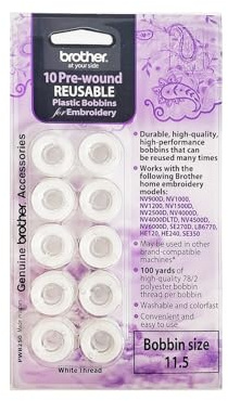 Brother PWB250 Prewound Embroidery Bobbin Thread 10 Piece, White, 60 Weight, Bobbin Size 11.5, for Machine Embroidery