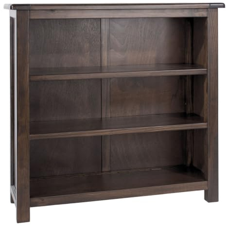 Boston Low Narrow 3-Shelf Bookcase, Rustic Brown Lacquer Finish, 3 Spacious Shelves, Solid Wood Bookshelf Storage Cabinet, Freestanding Display Organizer for Living Room, Home Office, Bedroom