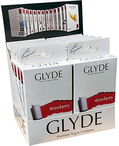 Glyde Ultra Strawberry (Erdbeere) Vorteilspackung 10 x 10 vegane Kondome, rot mit Erdbeer-Aroma, vegane Kondome ohne Casein, zertifiziert mit der Vegan-Blume