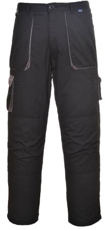 Portwest TX11 Texo Kontrast-Hose 2 Gesäßtaschen Elastischer Bund Doppelnaht | Schwarz, XL, UPF 40+, EN 14404, 40% Polyester, Baumwolle, Kniepolstertaschen, Knieschonertaschen, Klettverschluss