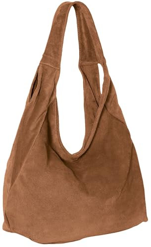 Caspar Große Damen Veloursleder Schultertasche Samtweiche Beuteltasche aus Leder - PREMIUM LINE - Modell No.618 - Made in Italy, Farbe:cognac