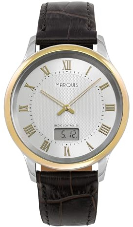 Elegante Bicolor Herren Funkuhr (Junghans-Uhrwerk) Braunes Lederarmband, Edelstahlgehäuse 964.4106