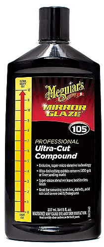 Meguiar’s Mirror Glaze M105 Ultra-Cut Compound, Car Rubbing Compound for Removing Scratches and Heavy Swirls While Adding Shine, Safe and Effective on All Glossy Car Paint and Clear Coats, 8 oz