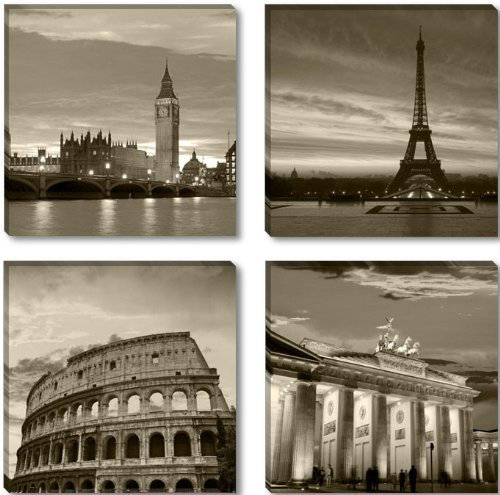 Visario Bild auf Leinwand 6604 Städte London Paris Rom Berlin 4x30 x 30 cm 4 Teile Bilder fertig gerahmt auf echtem Holzrahmen. Ausführung Kunstdruck als Wandbild.