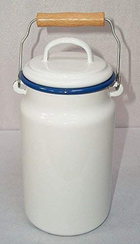 Milchkanne, Emaille Milchkanne, Henkelkanne mit Deckel, weiß- blau, 2 Liter