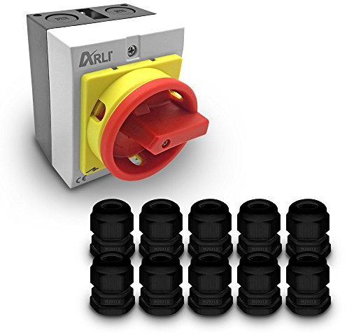 ARLI Hauptschalter 16A Drehschalter Kunststoffgehäuse IP65 4 polig inkl. 10 Kabelverschraubung M20 x 1,5 mm schwarz 4P16A-G Trennschalter 16 amper Trenn Dreh Maschinen Schalter Kunststoff Gehäuse