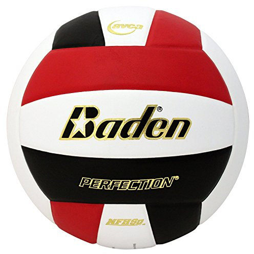 Baden Perfektion, Premium-Leder, offizielles Spiel-Volleyball für den Innenbereich, 13U bis College, offizielle Größe + Gewicht, Rot/Schwarz/Weiß, NFHS- und AVCA-geprüft