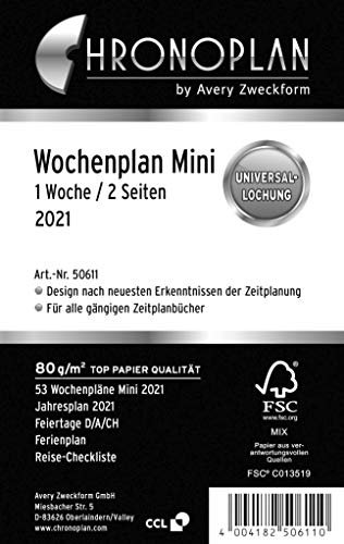 Chronoplan 50611 Kalendereinlage 2021, Wochenplan Mini in Zeilen (79x125mm), Ersatzkalendarium, ideal für detaillierte Wochenplanung, Universallochung (1 Woche auf 2 Seiten), weiß
