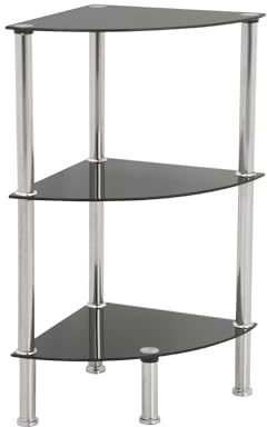 AVF S53 Corner Shelving Unit - 3 Tier Black Safety Glass Shelves with Chrome Legs, Storage Unit, Display Shelving, 5kg Max Shelf Weight