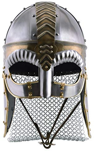 Battle-Merchant Brillenhelm Beowulf mit Wangenklappen und Kettenbrünne mit verstellbarem Lederinlay - Wikingerhelm aus Stahl für Erwachsene