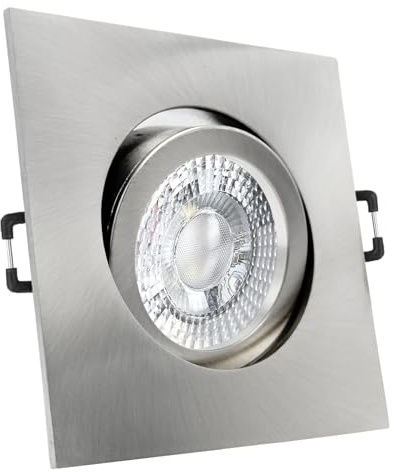 trendlights24 Carree-C LED Einbaustrahler 230V Edelstahl 5er Set Spots 6W | Decken Einbauleuchte, Edelstahl Optik, eckig, LED Spots, GU10, 6 Watt, 500 lm, Warmweiß, 3000k, schwenkbar, 68 mm Lochmaß