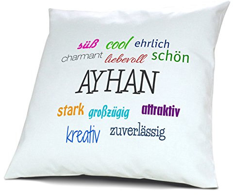 digital print Kopfkissen mit Namen Ayhan - Motiv Positive Eigenschaften, 40 cm, 100% Baumwolle, Kuschelkissen, Liebeskissen, Namenskissen, Geschenkidee, Deko
