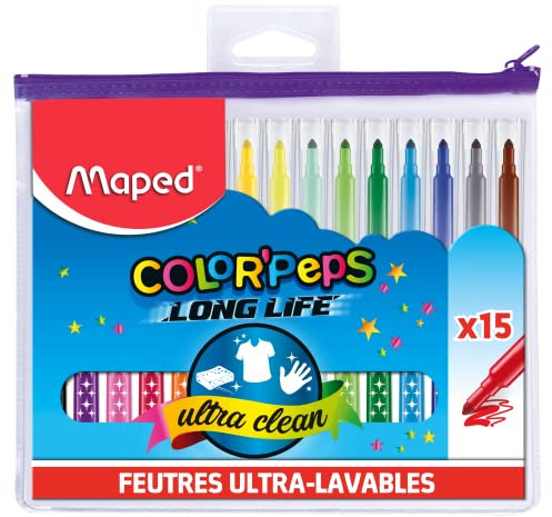 Maped Long Life Filzstifte, 15 Filzstifte, sehr waschbar und langlebig, mittlere Spitze, blockiert, lebendige Farben, ideal für Schulbeginn, Kunststoffetui mit Reißverschluss
