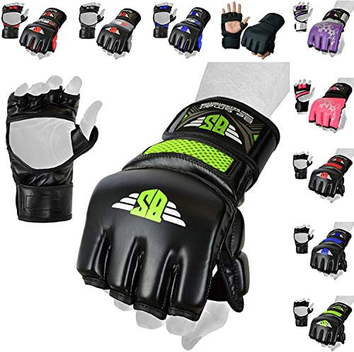 BeSmart MMA (Mixed Martial Arts), Grappling-Handschuhe (Griffkampf), UFC, Gel Tech, Thaiboxen, aus Rex Leder (Anilinleder), Herren, Green Mesh, Large