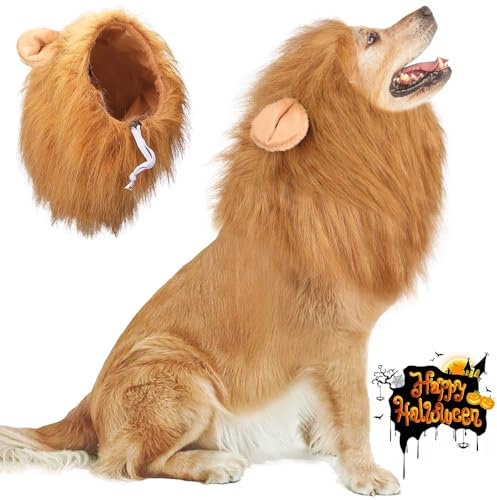 Vivifying Hundekostüm Löwenmähne Hund, Verstellbar Hunde Halloween Kostüm Perücke mit Ohren für Mittlere und Große Hunde (Braun)