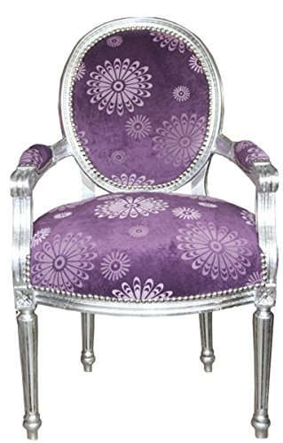 Casa Padrino Luxus Barock Salon Stuhl Lila Blumen Muster/Silber Mod2 Rund Möbel