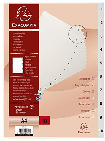 Exacompta 1710E Kunststoff-Register 1-10 für DIN A4 aus recyceltem Kunststoff 10-teilig volle Höhe 21 x 29,7 cm weiß mit bedruckten Taben Universallochung Blauer Engel Trennblätter Trennstreifen