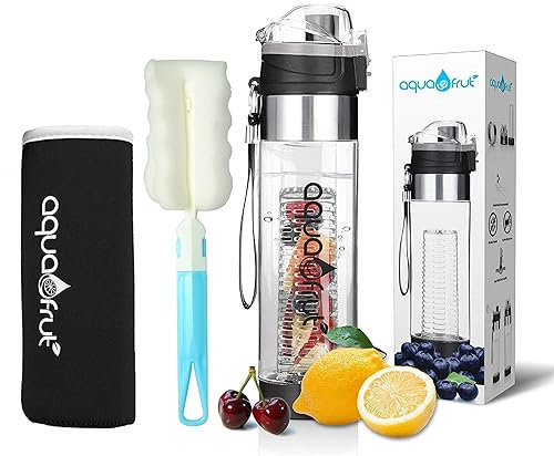 AquaFrut Wasserflasche mit Fruchteinsatz, komplett mit Flaschenbürste, Isolierhülle und Rezept-E-Book, auslaufsicher, schweißfest, BPA-frei, Schwarz
