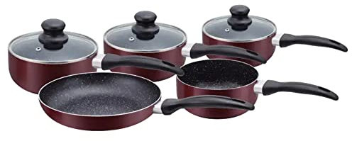 Herzberg, HG5003-SL, Batterie de cuisine, set casserole et poele tous feux, Couvercles Ventilés en verre, Batterie de cuisine revetement en Pierre 8 pieces, Couleur Argent