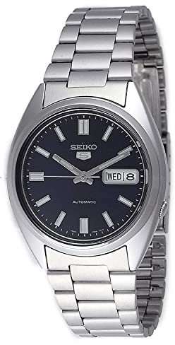 Seiko 5 Herrenuhr Automatik Silberfarben/Blau mit Edelstahlband 37 MM Tag/Datum 3 ATM SNXS77K